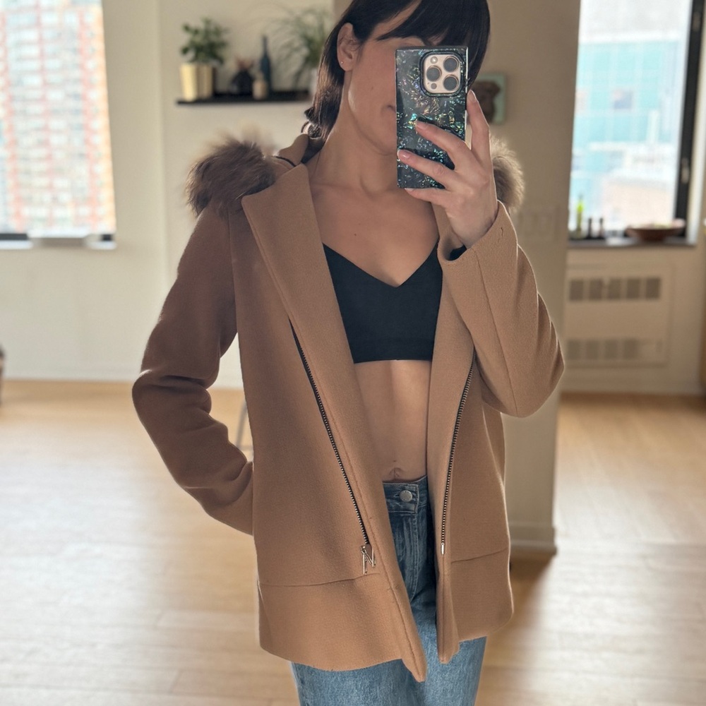 Sandro Tan Utility Jacket with Fur Hood